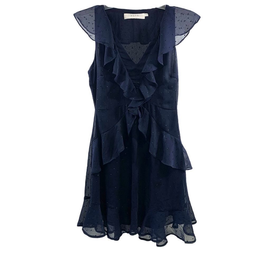 ASTR Navy Ruffled Swiss Dot Metallic Trim Dress Size XS